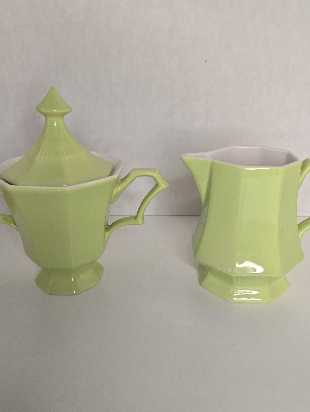 Vintage Independence Ironstone Interpace Green Octagon Creamer Sugar Bowl w/Lid